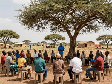 Wide shot of a community health outreach session in a Lesotho village clearing, a health worker speaking to a small seated group under an acacia tree, natural daylight, people listening attentively, documentary framing