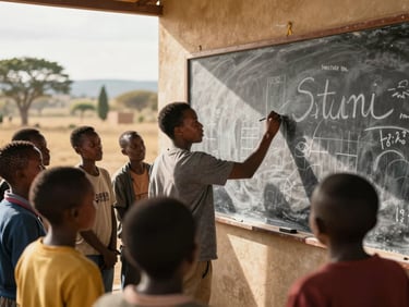 Young people gathered around a chalkboard in an outdoor learning space in rural Lesotho, a youth facilitator writing on the board, midday golden light, engaged faces visible, candid documentary framing from a slight distance