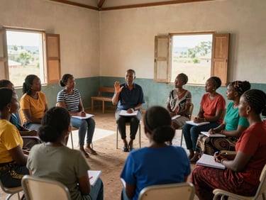 A small group of women seated in a circle inside a community hall, one facilitator gesturing while others listen, afternoon light through open windows, notebooks on laps, Lesotho setting