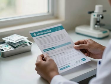 Close-up of a healthcare worker's hands holding an informational pamphlet on a clinic table, natural window light, medication packets visible in the background, Lesotho clinic interior