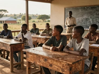 Young men and women seated at rough wooden desks in an outdoor learning space, one youth leader standing at a chalkboard, golden afternoon light across the scene, Lesotho village backdrop