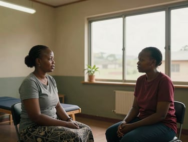 Interior of a community wellness room in Lesotho, two women sitting across from each other in conversation, warm fluorescent and window light mixing, a small plant on the windowsill, unpretentious and authentic setting, close environmental framing