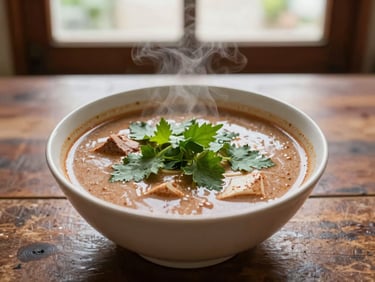 A steaming bowl of local laksa with rich coconut broth and fresh herbs on a rustic table, warm editorial photography