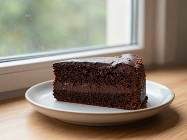 A slice of freshly baked chocolate cake on a ceramic plate, soft window light, warm tones