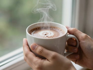 A close-up of hands holding a warm, steaming mug of rich frothy cocoa, soft natural lighting, shallow depth of field