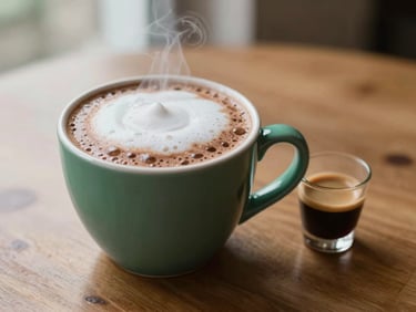 A close-up of a steaming mug of cocoa with thick froth next to a freshly pulled espresso shot on a wooden table, warm tones, shallow depth of field