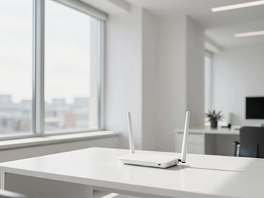 Bright modern studio apartment interior with clean workspace, high-speed router visible, natural window light, sharp focus