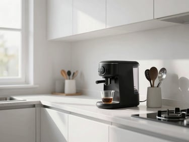 Bright modern studio kitchen with compact coffee maker and clean utensils, natural daylight, minimalist design