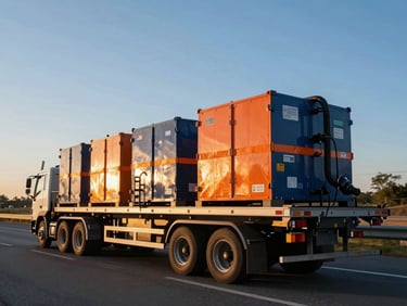 A flatbed trailer carrying secured heavy industrial equipment on a highway, golden hour light, sharp focus.