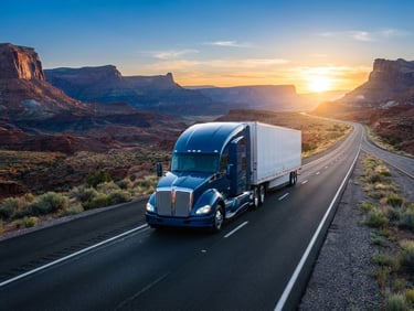 A modern clean semi-truck on an open Utah highway during sunrise, crisp golden-hour daylight, sharp focus, 35mm lens.