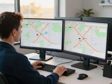 A professional dispatcher looking at dual monitors showing route tracking maps, clean modern logistics office.