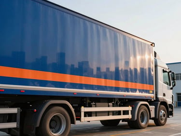 Close-up of a clean semi-truck trailer being loaded at a modern logistics terminal, morning daylight, sharp focus.
