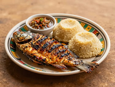Grilled whole tilapia served with banku and a side of spicy shito sauce, on a traditional Ghanaian plate, warm natural light.