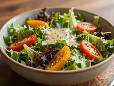Vibrant garden salad with mixed greens, colorful vegetables, and a light dressing in a rustic bowl, natural light, shallow depth of field.