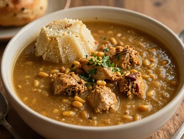 Bowl of rich groundnut soup with chicken, fufu on the side, garnished with herbs, rustic setting, warm ambient light.