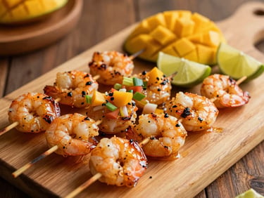 Grilled prawn skewers on a wooden board with fresh mango salsa and lime wedges, warm lighting, shallow depth of field.