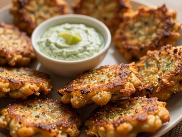 Close-up of golden-brown plantain fritters on a small plate, with a side of green ginger-lime dip, shallow depth of field, warm lighting.