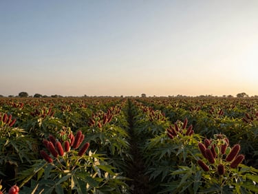 Wide environmental shot of a castor crop field at golden hour in Gujarat, rows of tall castor plants receding toward a low horizon, ripe red-green seed pods prominent in the foreground, warm raking light from the right, no people visible