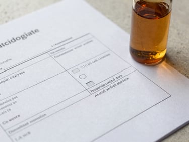 Overhead close-up framing of printed laboratory test sheets and a certification document spread flat on a light stone surface, north-facing daylight from the upper left, a glass vial of amber castor oil resting at the upper-right corner of the documents, no text readable