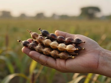 Close-up of raw castor beans and pods in an open palm, golden hour natural field light, Gujarat agricultural setting, no faces visible