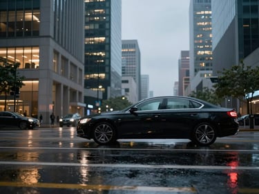 A rain-slicked urban street at dusk reflecting corporate office tower lights, with the subtle silhouette of a clean black sedan moving smoothly in the background.