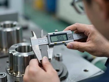 Macro detail shot of a technical quality inspector using digital calipers to measure a machined metal component on an active factory floor, sharp industrial lighting, high contrast, shallow depth of field.
