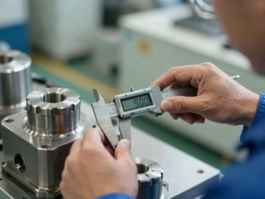 A close-up shot of an industrial inspector using digital calipers to measure a machined metal component on a factory floor, clean natural lighting.