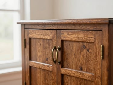 Detailed close-up of an authentic antique wooden cabinet with brass handles, warm lighting, shallow depth of field