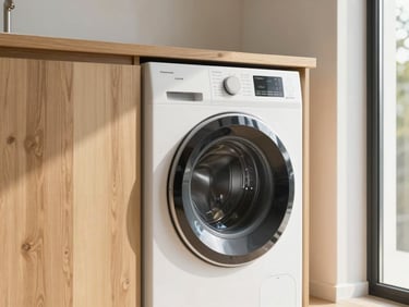 A sleek modern washing machine integrated into a clean wooden laundry cabinet, bright natural light, organic tones.