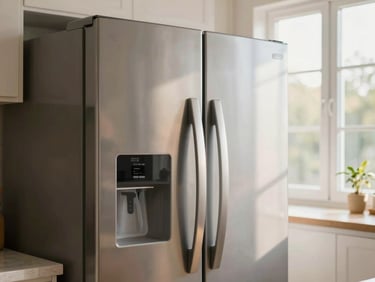 Close-up of a modern clean double-door refrigerator in a bright kitchen, warm morning light, shallow depth of field.