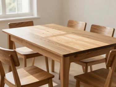 A solid oak dining table set with minimalist chairs, soft sunlight falling on the wooden surface, clean domestic setting.