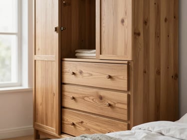 A modern wooden wardrobe and chest of drawers in a bright bedroom, clean lines, warm daylight, shallow depth of field.