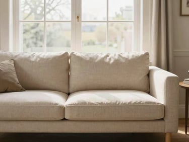 A bright, clean living room featuring a modern minimalist beige fabric sofa, warm natural window light, elegant interior styling.