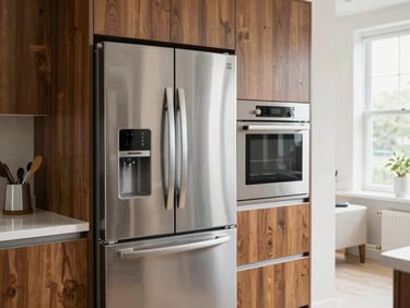 A clean modern kitchen interior showcasing high-end stainless steel refrigerator and built-in oven, bright day light