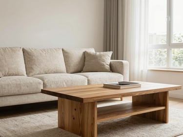 A beautifully arranged modern living room with a clean, high-quality fabric sofa and a solid oak coffee table, bright natural window light.
