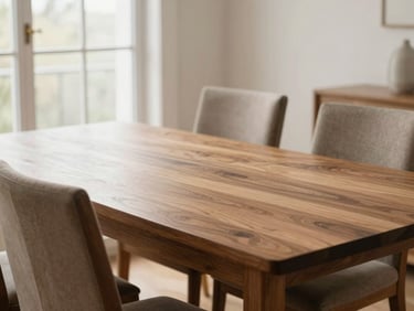 Close-up shot of a polished wooden dining table and elegant chairs in a bright modern dining room, soft window light