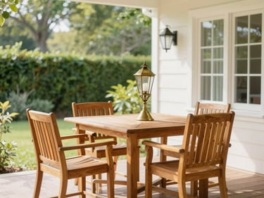 An elegant sunlit veranda featuring a premium teak garden dining set and a classic vintage brass lantern on the side, lush green background.