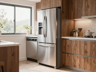 A sleek, clean modern kitchen featuring a high-end stainless steel refrigerator and dishwasher, bright and airy domestic lighting.