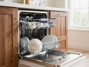 A high-end built-in dishwasher, door slightly open showing clean interior, bright domestic lighting.