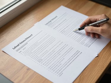 Overhead close-up of a wooden desk surface with legal intake forms and a pen, a hand resting beside the paperwork, natural window light from the upper left, no people's faces visible, clean documentary framing