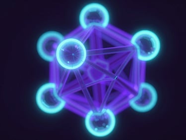 Macro shot of abstract 3D geometric nodes glowing with neon cyan and deep violet volumetric lighting, sharp technical wireframe details on a dark background, octane render