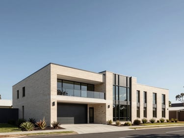 Wide environmental shot of a contemporary Australian investment property building, clean brick facade under bright midday light, landscaped entry, no people, structured framing with generous sky