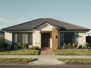 Wide environmental shot of a modern Australian suburban home exterior, north-facing facade with clear daylight, neatly framed entry path visible, no people, calm and structured composition