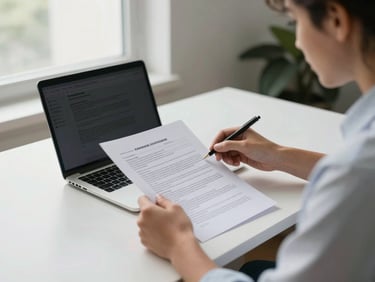 Medium environmental shot of a borrower at a modern desk reviewing loan documents on a laptop, natural window light from the left, paperwork visible, candid not posed, clean workspace