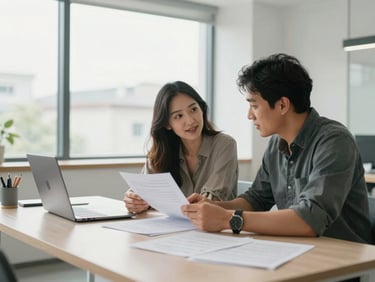 Wide environmental shot of a first-home-buyer couple reviewing documents at a bright modern office table, natural daylight from large windows, papers and a laptop open, candid mid-conversation, no posed smiles