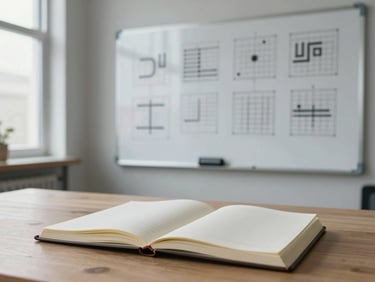 Wide environmental shot of a studio workspace — a whiteboard covered in typographic grid sketches in the background, a single open notebook in foreground, north-facing window light, cool tones