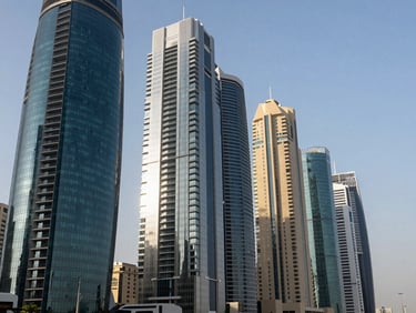 Wide environmental shot of modern glass-and-steel high-rise elevations along the Abu Dhabi Corniche, razor-sharp architectural lines under crisp daylight.