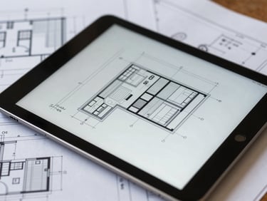 Close-up of a technical blueprint overlaid with a digital tablet showing architectural maintenance reports, sharp focus, clean corporate lighting.