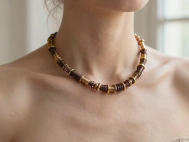 Close-up of a unique bronze and gold-filled necklace, showcasing intricate wire-wrapping, worn on a model's neck, soft natural window light, warm editorial photography, elegant nude and earth tones, shallow depth of field, 35mm.