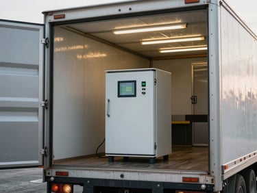 Medium shot of a refrigerated reefer trailer unit at a distribution dock, temperature display visible on the unit, morning light from open bay doors mixing with fluorescent interior, condensation on trailer exterior, documentary realism
